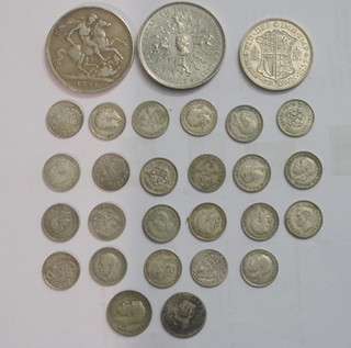 A Victorian 1891 crown, a George V  1935 half crown and a collection of silver thruppences