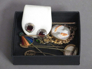 A collection of various stick pins, cameo brooch and other  costume jewellery