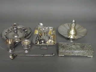 A silver plated chamber stick with gadrooned decoration, a rectangular silver plated trinket box with hinged lid, entree dish  and a small collection of plated items etc