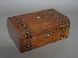 A Victorian D shaped walnut writing slope with parquetry  banding, hinge f and r,