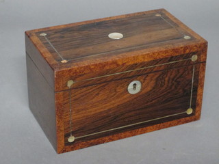 A Victorian rosewood twin compartment tea caddy inlaid mother  of pearl 9"