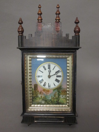 A Continental striking hanging wall clock, the brass dial painted  a landscape with Roman numerals, contained in a pine case