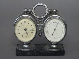 A Continental mantel clock combined barometer, contained in a  pair of oval chromium plated mounts