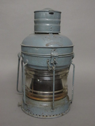 A blue painted metal ships mast lamp, marked The Maritime B