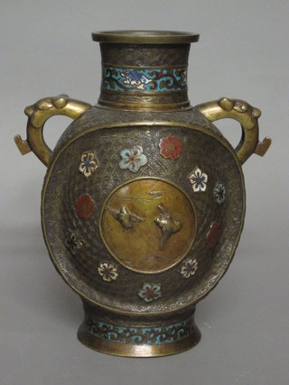 A bronze and enamelled twin handled vase decorated birds 12"