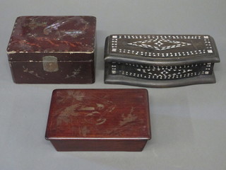 An Eastern hardwood lacquered box with hinged lid and 2 others
