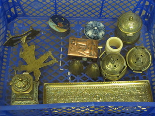 A square brass inkwell with hinged lid, a copper match slip, 2 small Oriental brass Koro and other curios