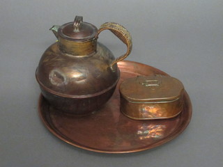 An oval copper box with hinged lid marked Senskt Handarbete  5", an oval copper tray 11" and a copper Jersey milk canister 6"