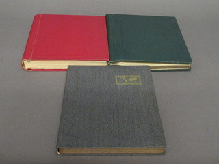 A red stock book of various GB stamps, a red album of World  Stamps and a green album of World stamps