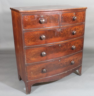 A 19th Century mahogany bow front chest of 2 short and 3 long drawers with tore handles, raised on bracket feet 41"