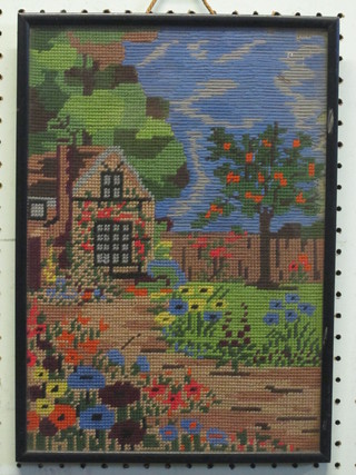 A Berlin woolwork panel depicting garden scenes 15" x 10"