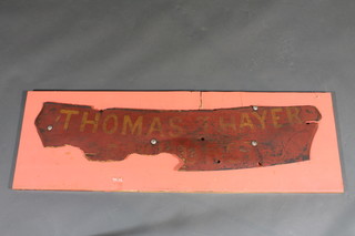 A wooden wagon board marked Thomas Thayer   ILLUSTRATED