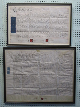 2 framed Indentures contained in Hogarth frames 13" x 21" and  18 x 23"