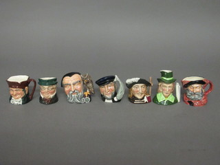 6 small Royal Doulton character jug - Old Charlie, Mr Pickwick, Falstaff D6519, Merlin D6543, Captain Ahab D6522 and Aramis  D6508 2" together with a Sylvac character jug - William  Shakespeare 3"  ILLUSTRATED