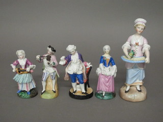 A 19th Century Continental porcelain figure of a standing girl  with tray 8", a pair of Continental porcelain figures of a Lady  and Gentleman 5", porcelain figure of a lady 5" and a biscuit  porcelain figure of a gentleman violinist 5"