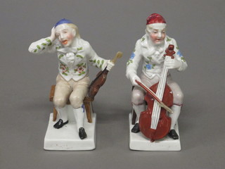 2 Continental porcelain figures of a seated violinist, f and r, and a cellist,