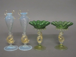 A pair of Venetian green glass comports supported by figures of  dolphins 6" and a pair of do. specimen vases
