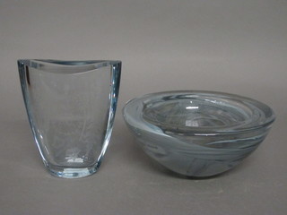 A boat shaped etched glass vase signed E J Webster 1959 7" and  a circular Art Glass bowl marked Kosta Boda