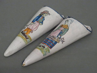 A pair of Quimper ware wall pockets decorated figures 6"