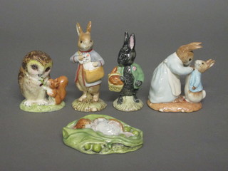 5 Royal Albert Beatrix Potter figures - Mrs Rabbit and Peter,  Timmy Willy Sleeping, Old Mr Brown, Peter with Postbag and  Little Black Rabbit