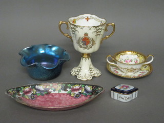 A Malingware boat shaped dish, a blue lustre bowl, a trinket  box, a Wedgwood soup bowl and saucer and a  George VI Aynsley Coronation mug 7" - cracked