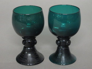 2 Roehmer green glass wine glasses, 1 chipped to base,