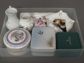A Royal Copenhagen trinket box and cover decorated birds, a Minton brooch and various other decorative items