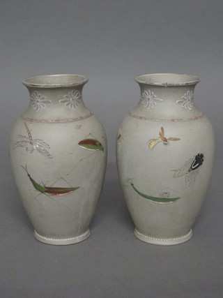 A pair of Oriental vases decorated crickets 7"