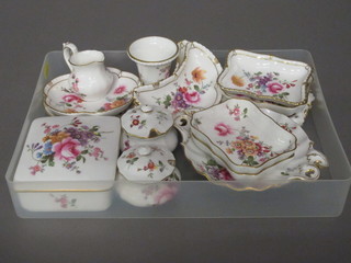 A Royal Crown Derby posy patterned jar and cover 4 1/2", 2  circular dishes, a circular twin handled dish, 3 square dishes, 2  mustard pots, jug, crescent shaped dishes and 4 rectangular  dishes and a small vase