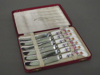 A set of 6 Royal Crown Derby porcelain handled tea knives,  cased
