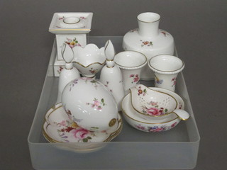 A Royal Crown Derby posy patterned candlestick 4", do. club  shaped vase 4", a pair of trumpet shaped vases, bowl on  spreading foot, tea tray and stand, 2 bells, pair of dishes and an  egg