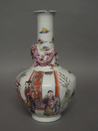 An Oriental club shaped vase decorated court figures, the base  with 6 character mark, chip to rim, 14"