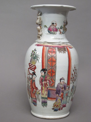 An Oriental club shaped vase decorated court figures, the base  with 6 character mark 15"