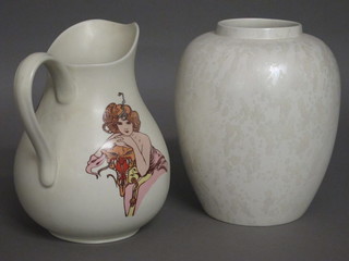 A Fleurie Poole jug decorated a lady 9" and a grey Poole vase  8"