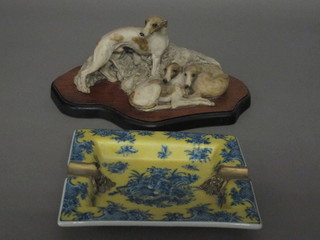 An Oriental rectangular ashtray 8" and a resin figure group of a  grey hound