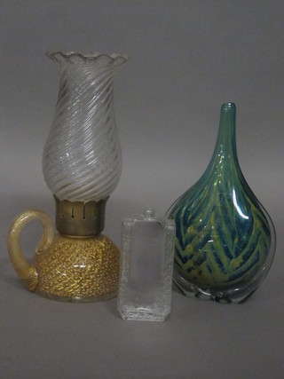 A modern Lalique glass perfume bottle, no stopper, 5", a  Murano glass vase 10" and a glass oil lamp
