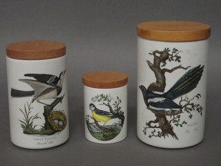 3 graduated Port Meirion storage jars decorated birds