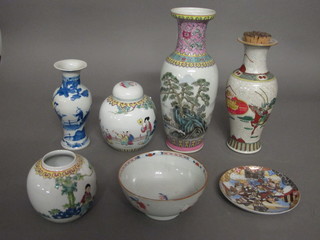 An Oriental club shaped vase 12", 2 Oriental ginger jars and a  small collection of ceramics