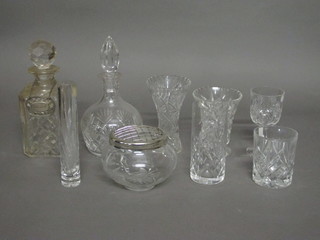 A square cut glass spirit decanter and stopper, a club shaped decanter and stopper 10" and a collection of various glassware