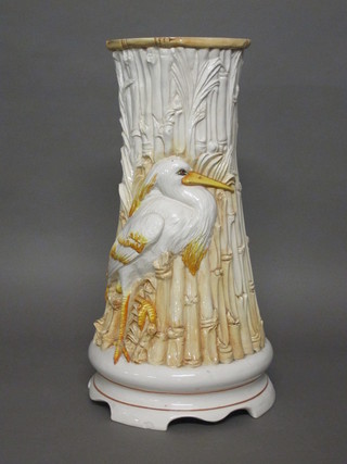 An Italian pottery jardiniere stand decorated a stork amidst bamboo 21"