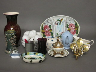 An Ox Blood club shaped vase, base f and r, 12", a part Meakin  green banded dinner service, a part Royal Doulton floral  patterned tea service and other decorative ceramics