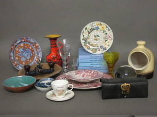 An Aden pottery salt pot 9 1/2", a Tokio orange jug 9", a large  glass paperweight, a reproduction cartridge carrier and other  decorative items