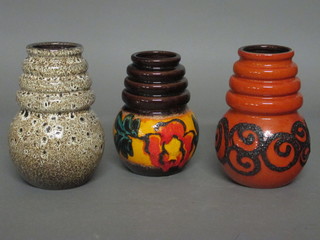 3 West German Wien series pottery vases including a brown and yellow glazed vase, base marked 269-15, 7", do. burnt orange  marked 269-78 7" and 1 other brown glazed vase marked 269-18  7 1/2"