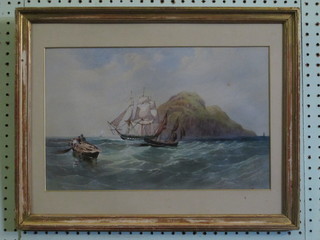 W A Frank, watercolour drawing "Steep Holm, Weston" sailing  ships off a steep island rock in the Bristol channel, 10" x 15 1/2"