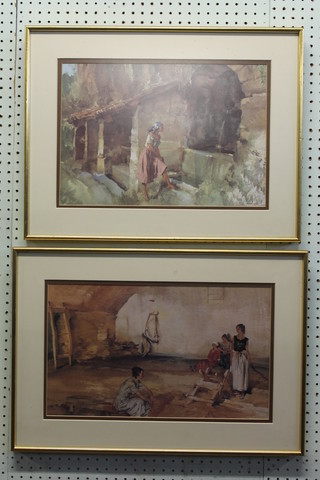 Sir William Russell Flint, a pair of coloured prints "Wishing Well" and "Gossip in a Provincial Wood Vault" 11" x 16"