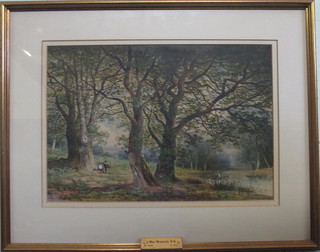 MacWhirter, watercolour drawing "Rural Scene with Wood and  Figures by a Lake", signed to bottom left hand corner, plaque to  frame marked J MacWhirter RA, 12" x 18"