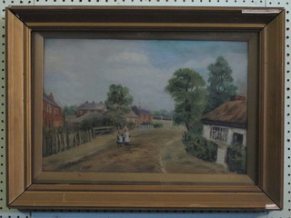 A 19th Century oil on board "Country Street Scene with Cottages  and Figures" 11" x 17"