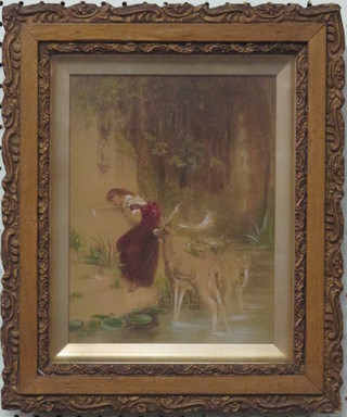 An enhanced coloured print "Girl with Deer" 9 1/2 x 7"