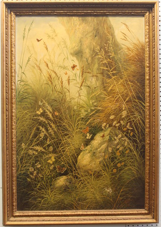 Edith Martineau, oil on canvas "Butterflies Among Grass" the reverse with E Stacy-Marks label 30" x 20"