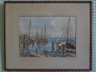 Watercolour "Eastern Harbour with Boats and Figures" 10" x 14" indistinctly signed to bottom left hand corner